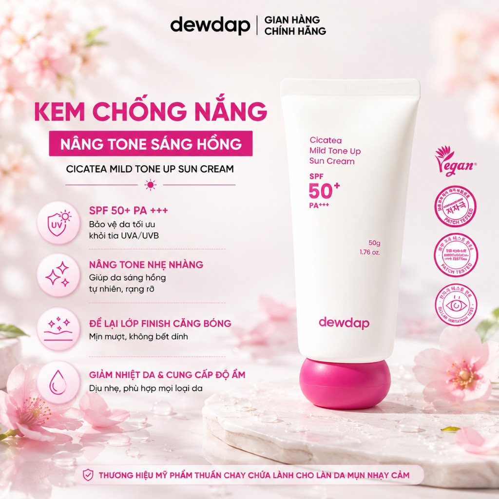 DEWDAP Kem Chống Nắng Nâng Tone HỒNG Tự Nhiên Cho Da Dầu Mụn Cicatea Mild Tone up Sun Cream 50g LIVE