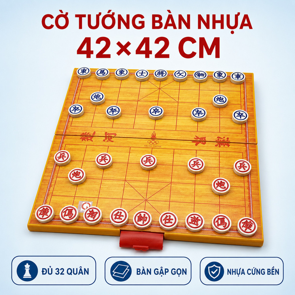 Bộ Cờ Tướng Bàn Nhựa Loại Lớn 42x42cm Gấp Gọn, Quân Cờ Nhựa Kèm Hộp Đựng