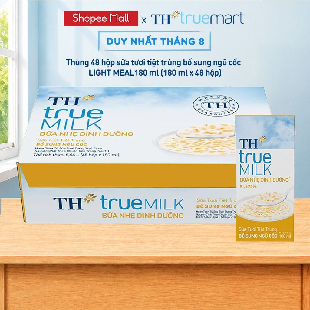 [LIVESTREAM] Thùng 48 hộp sữa tươi tiệt trùng TH true MILK LIGHT MEAL bổ sung ngũ cốc 180ml (48H)