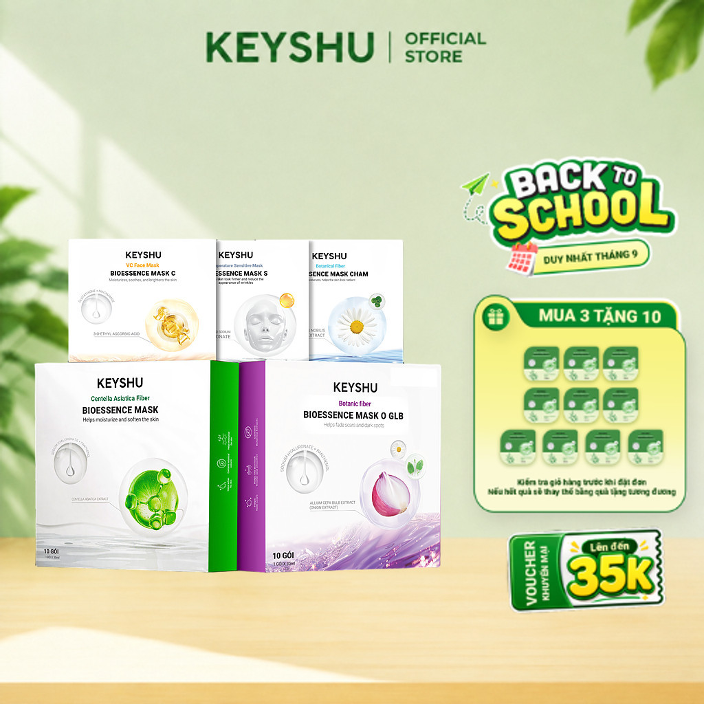 [DUY NHẤT T9] Combo 3 Hộp Mặt Nạ KEYSHU Hỗ Trợ Dưỡng Ẩm Và Làm Dịu Da (Rau Má, Hành Tím, Vitamin C, Hoa Cúc, Nâng Cơ)