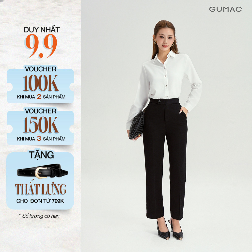 Quần Ống Đứng Nữ 95cm GUMAC Quần Tây Lưng Cao Quai Dê Chất Tuyết Mưa Công Sở Cạp Cao LQF0626