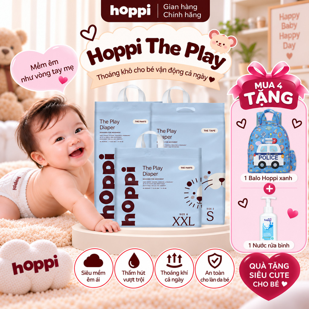 [M04] Tã/Bỉm Hoppi The Play  - Thiết kế siêu co giãn, cho bé tự do vận động ( Đủ các size cho bé)