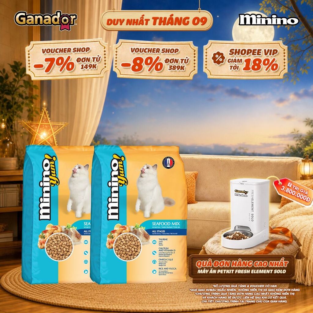 [CHỌN VỊ] Combo 2 x Thức ăn hạt cho mèo Minino Yum vị Hải sản/Cá hồi/Mực Túi 1.5kg