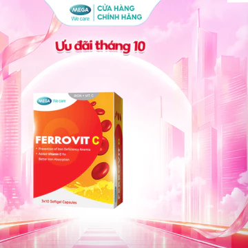 TPBVSK Viên uống giúp hỗ trợ giảm nguy cơ và triệu chứng thiếu máu do thiếu sắt FERROVIT C Mega We Care (Hộp 30 viên)