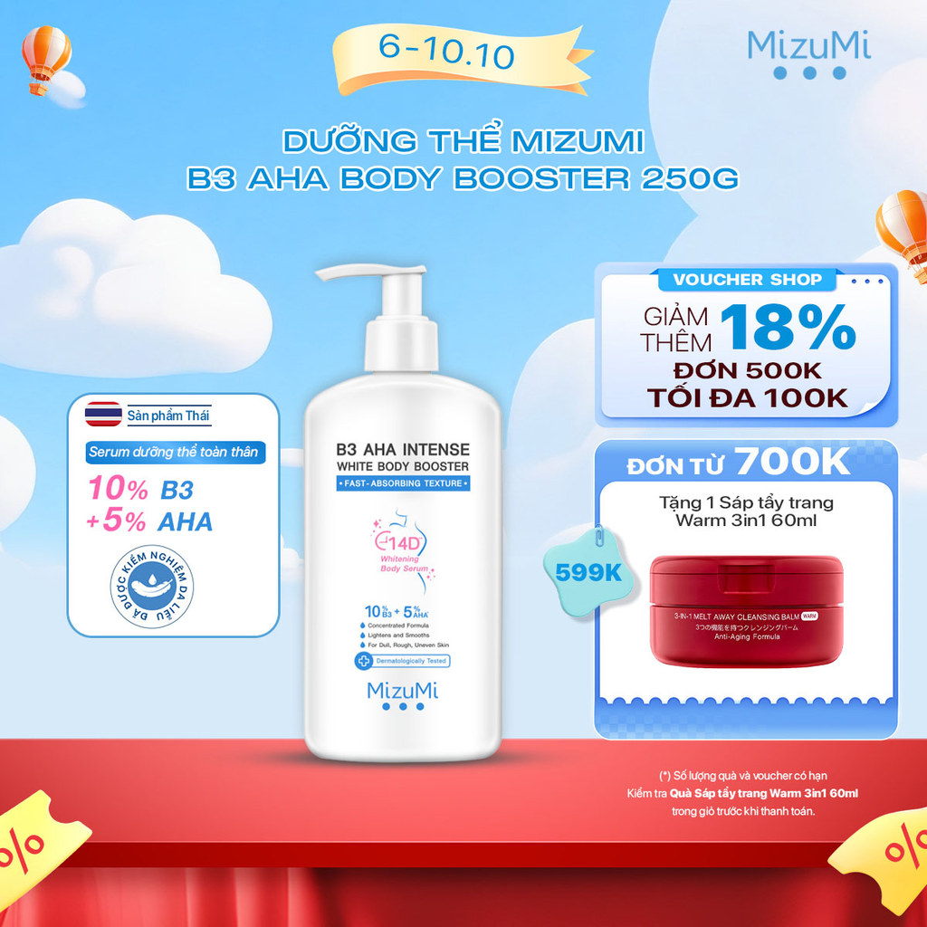 MizuMi Dưỡng Thể Sáng Da B3 AHA Intense White Body Booster 250g Mịn Màng , Niacinamide, AHA, Ceramide