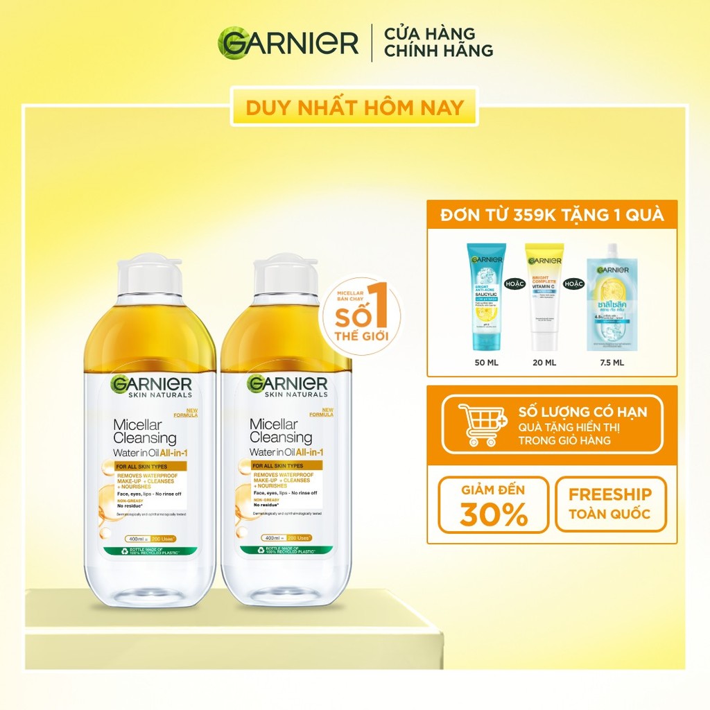 Bộ 2 nước làm sạch và tẩy trang cho da khô & trang điểm Garnier Micellar Water 400ml x 2 - ảnh chi tiết 1