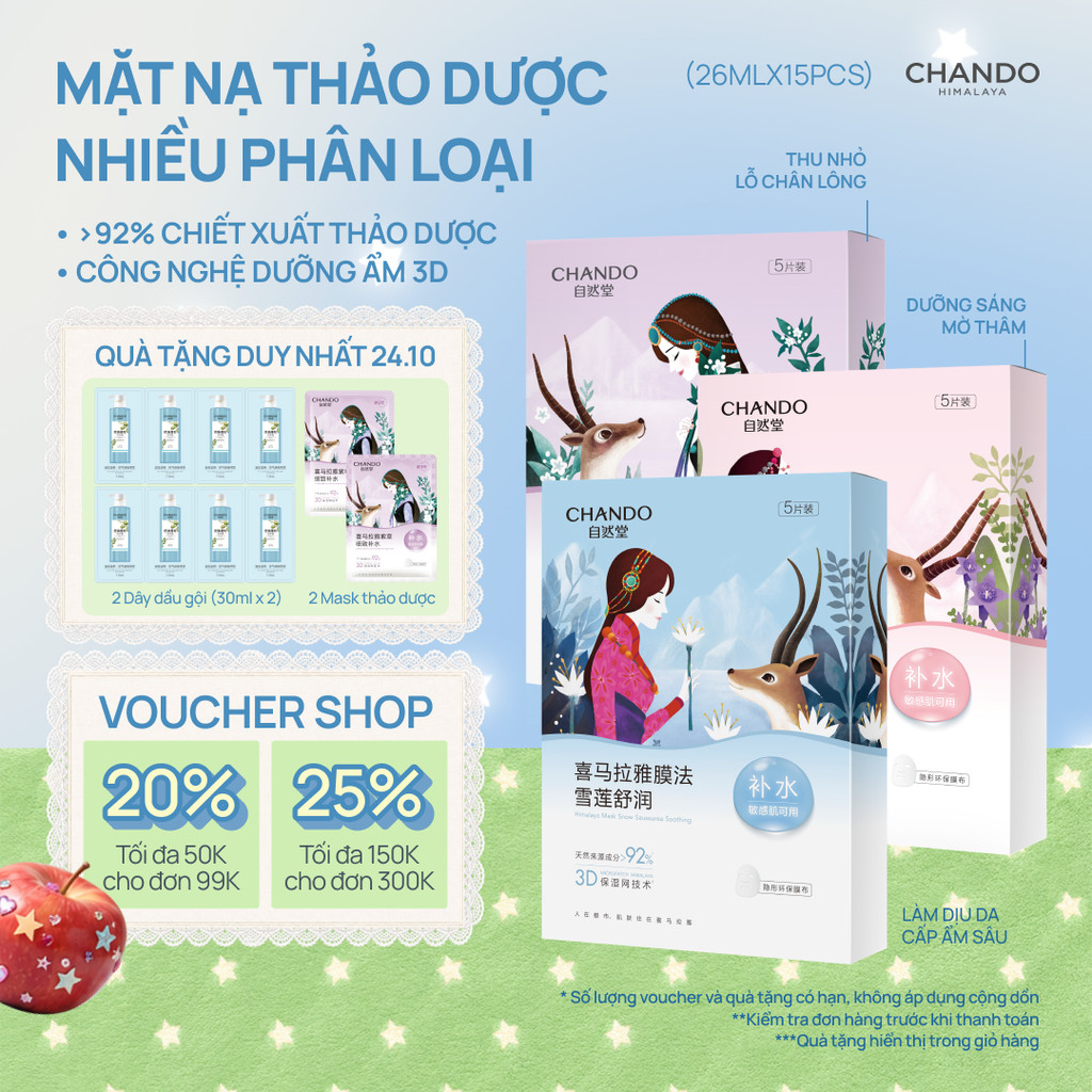 Hộp Mặt Nạ Thảo Dược CHANDO Himalaya 5 miếng x 26ml Chứa Hyaluronic Acid