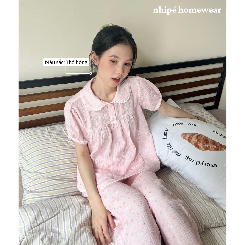 Set cổ sen tay ngắn quần dài nhipé homewear nữ mặc nhà họa tiết hoa dễ thương chât liệu xô muslin cao cấp mềm mịn mát