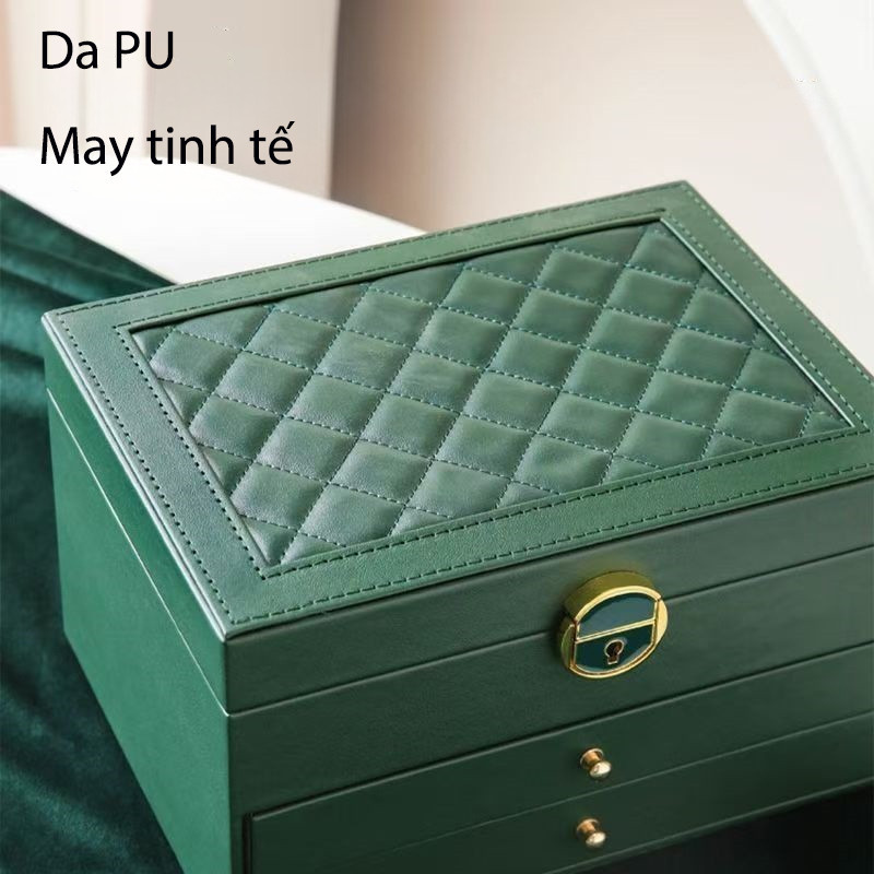 [ Kèm khóa] Hộp đựng trang sức 3 tầng, bọc da vân nổi, đa ngăn, hộp đựng nữ trang