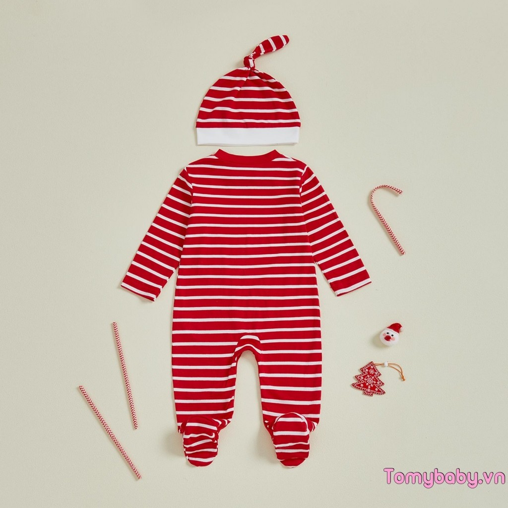 Áo liền quần sọc Giáng sinh cho bé Bộ áo liền quần dài tay in hình ông già Noel thời trang + Mũ