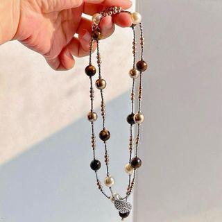 [N1128] Vòng Cổ, Dây Chuyền, Mix Ngọc Nhân Tạo Kem Xám Vàng Và Đá Mắt Hổ Tự Nhiên - DAISYN