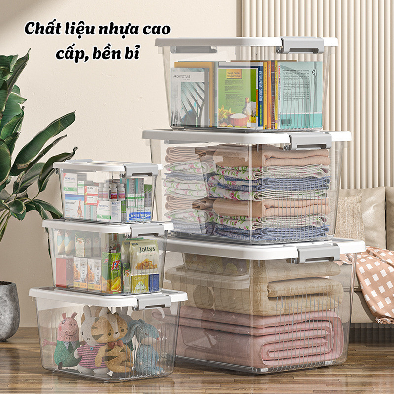 Thùng Nhựa Đựng Đồ Đa Năng Trong Suốt Có Nắp, Hộp Đựng Quần Áo Có Quai Cầm