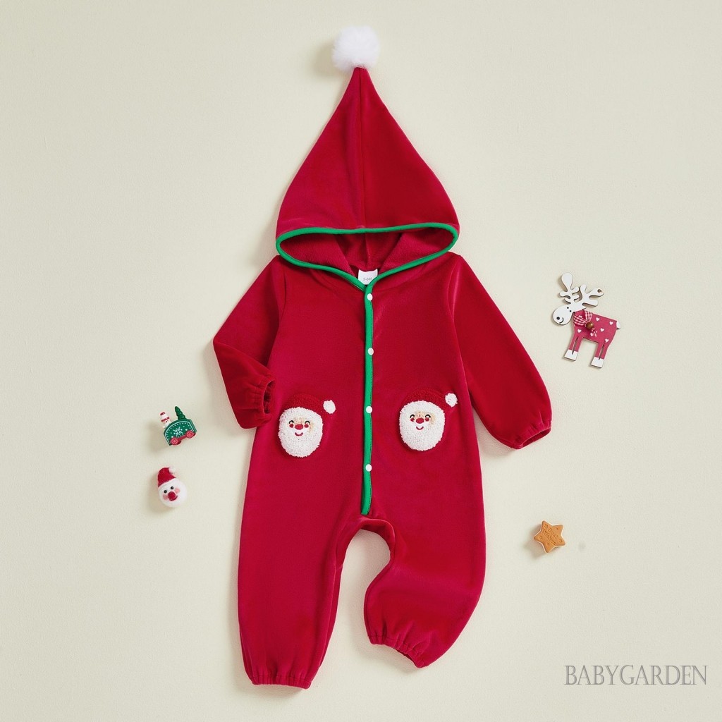 Áo liền quần Giáng sinh cho bé sơ sinh Áo liền quần thời trang ông già Noel thêu tay dài có mũ trùm đầu