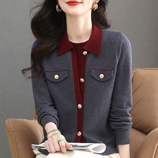 Áo len nữ dáng giả hai mảnh rời ôm body, phong cách Hàn Quốc, cổ áo Polo