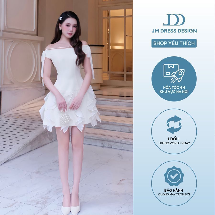 Đầm Trễ Vai Đính Nơ Chân Kẹp Bèo Đổ 1S62.2508K. Đầm Dự Tiệc Sang Trọng, Đầm Công Chúa Vintage Nữ Đẹp Thiết Kế Bởi JM