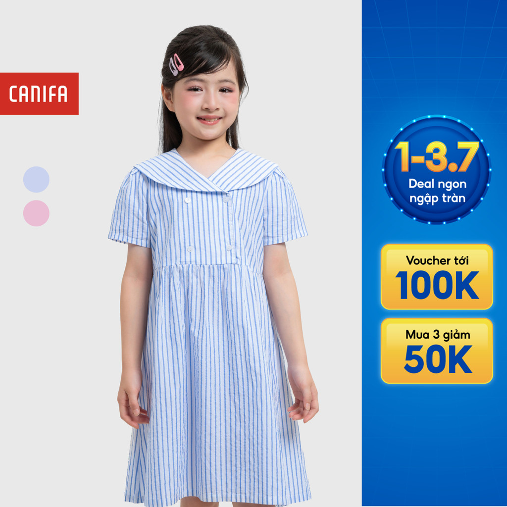 Váy liền bé gái CANIFA dáng babydoll cộc tay cổ thủy thủ họa tiết kẻ 1DS26S009