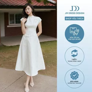 Đầm Cổ Tàu Tay Chờm Chân Đổ 1F38.2510, Váy Dự Tiệc Thanh Lịch Sang Trọng, Dáng A Midi Hơi Hướng Á Đông Thiết Kế Bởi JM