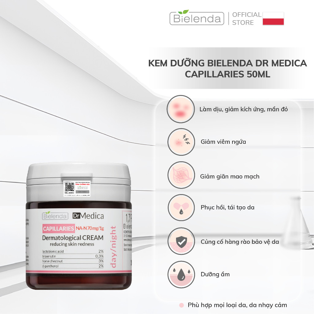 Kem dưỡng Bielenda Dr Medica Capillaries giảm đỏ, giãn mao mạch 50ml