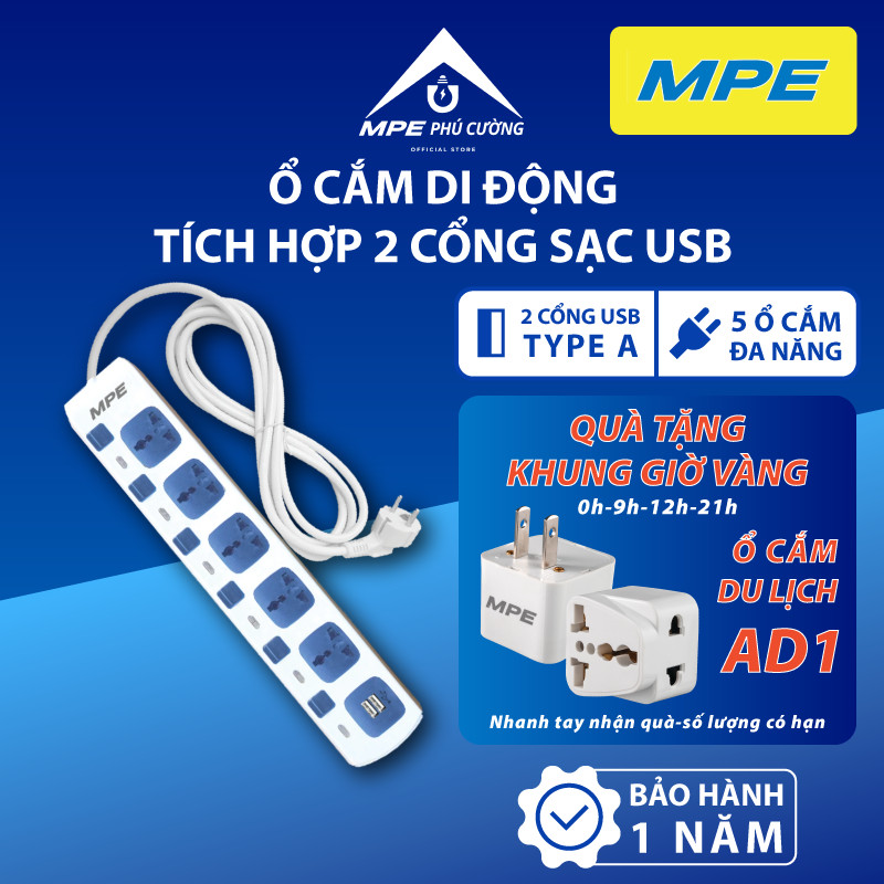 (CHÍNH HÃNG) MPE - Ổ cắm di động 5 ổ cắm đơn đa năng dài 3m 2 cổng sạc USB màng an toàn Chính hãng MPE Phú Cường