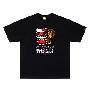 Chất lượng cao 001617Áo thun ngắn tay in chữ nơ đỏ phong cách Unisex