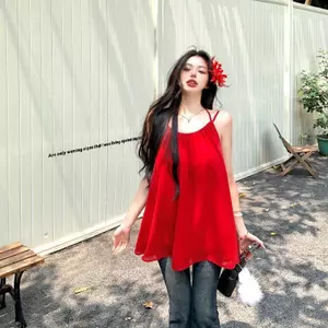 Dây đỏ Áo yếm nữ mùa hè đi biển phong cách nghỉ mát Áo sơ mi em bé dáng rộng sang trọng sang trọng Áo đẹp