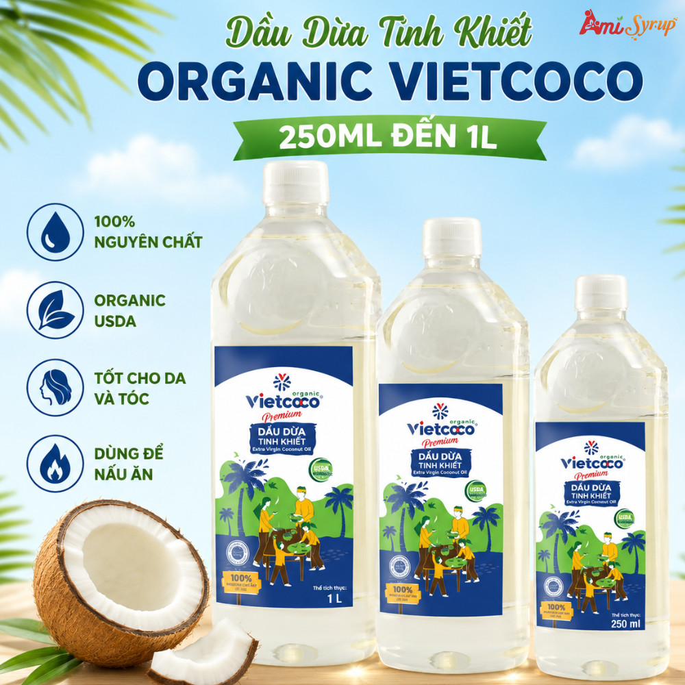 Dầu Dừa Tinh Khiết Organic Vietcoco Chai 250ml Đến 1L Thơm Ngon Ngọt Dịu Nguyên Liệu Nấu Ăn, Làm Đẹp
