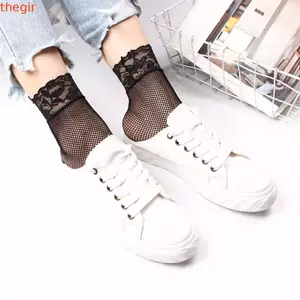 THEGIRL8B Tất Fishnet Mềm Mại Thường Ngày Ruffle Nữ Lưới Thời Trang Mắt Cá Chân Bán Ren Đen