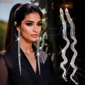WEETW 1 Đôi Bông tai đính đá, Bông tai tua rua dài siêu cổ sang trọng, Bông tai lủng lẳng hình tam giác thanh lịch đơn giản Ngày lễ tình nhân