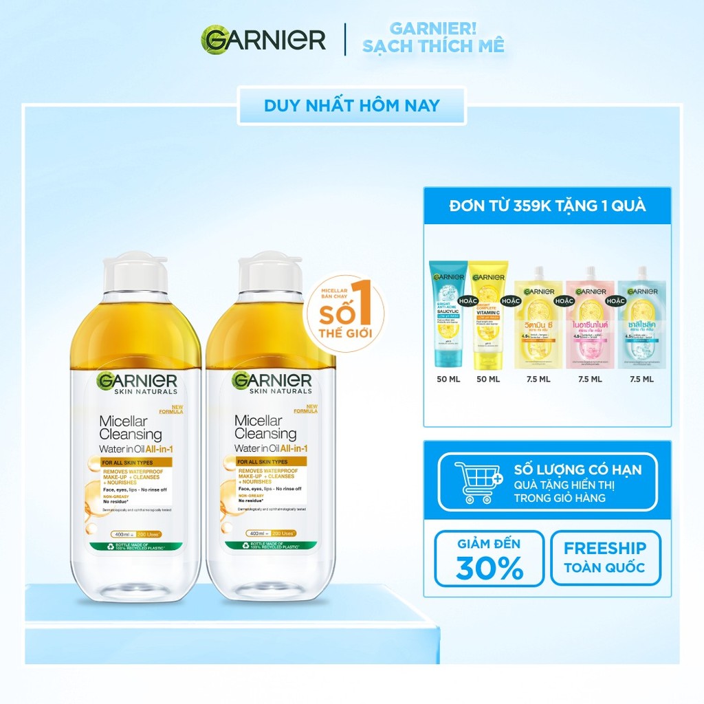 Bộ 2 nước làm sạch và tẩy trang cho da khô & trang điểm Garnier Micellar Water 400ml x 2