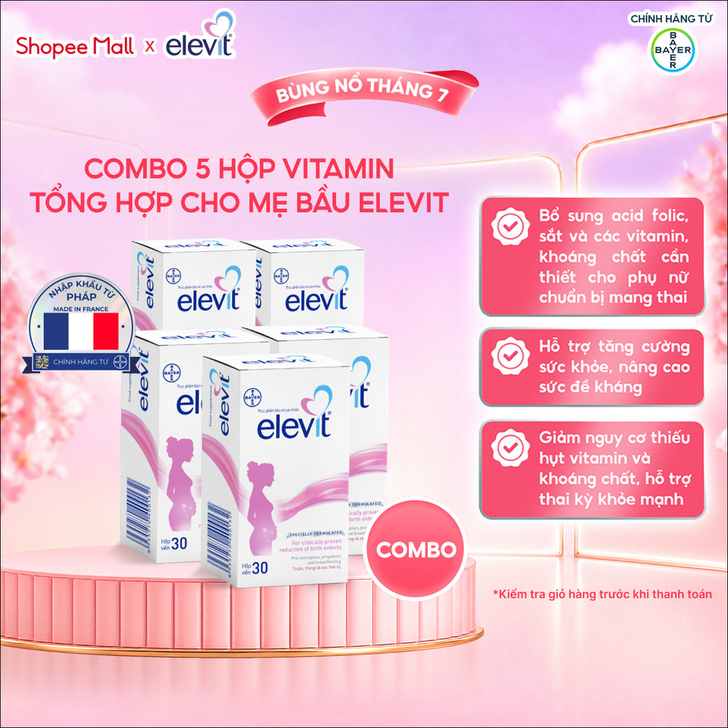 Bộ 5 Thực phẩm bảo vệ sức khỏe Elevit bổ sung Acid Folic, Sắt, Canxi, Các Vitamin và Các khoáng chất (30 Viên/Hộp)