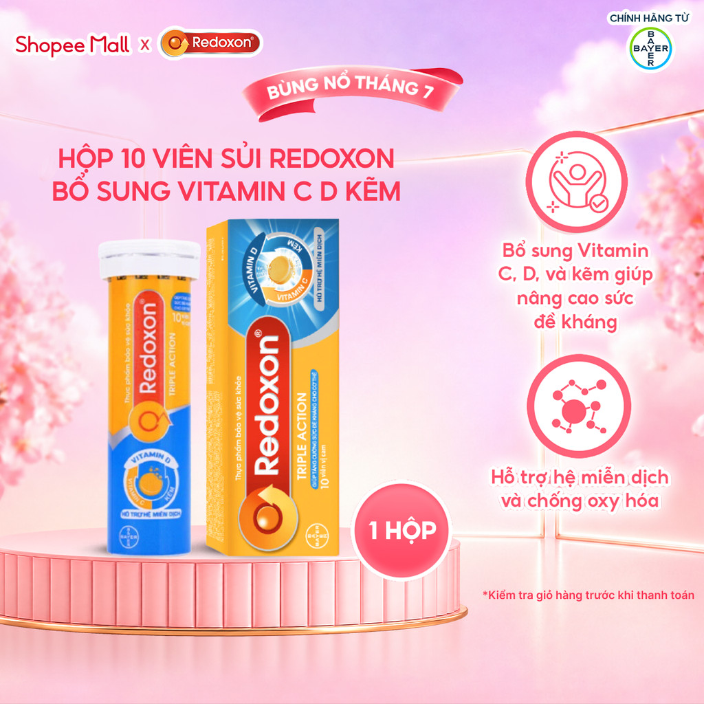 Viên sủi Redoxon bổ sung 1000mg Vitamin C, Kẽm giúp nâng cao sức đề kháng, Hỗ trợ hệ miễn dịch và chống oxy hóa 10 viên
