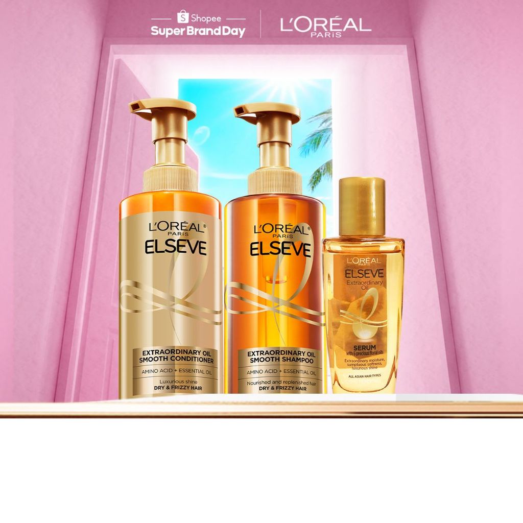 Bộ gội xả dưỡng tóc suôn mượt tóc cao cấp L'Oreal Paris Sleek 440ml x2 & Dầu dưỡng chiết xuất tinh dầu 30ml
