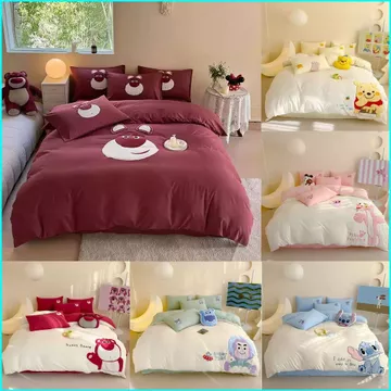 S3 Stitch Lotso Winnie 3IN1 Ga trải giường Vỏ chăn gối Bộ chăn ga gối chất lượng cao cấp Bộ chăn ga gối gia đình Bộ đồ có thể giặt được