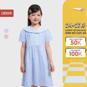 Váy liền bé gái CANIFA dáng babydoll cộc tay cổ thủy thủ họa tiết kẻ 1DS26S009