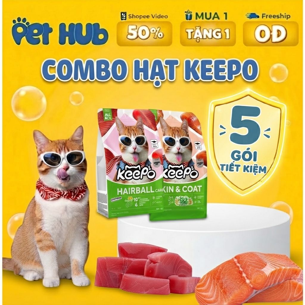 [COMBO 5 GÓI] Hạt Keepo K1 & K2 Gói 1KG Có Topping, Thức Ăn Hạt Cho Mèo Đẹp Da, Mượt Lông, Tiêu hóa