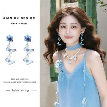 khuyên tai titan không gỉ khuyên tai Hoa tai bướm hoa trà màu xanh hoa tai mới phong cách Trung Quốc cổ điển tươi mới độc đáo chụp ảnh du lịch bông tai nữ không lỗ tai kẹp
