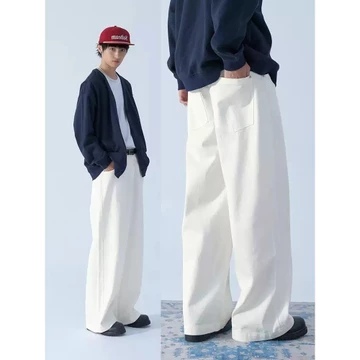 Quần ống thẳng màu trắng Quần jean nam Quần thường ngày Quần rộng nam Quần rộng Retro Quần jean trắng giặt Quần lót sàn thời trang Hàn Quốc