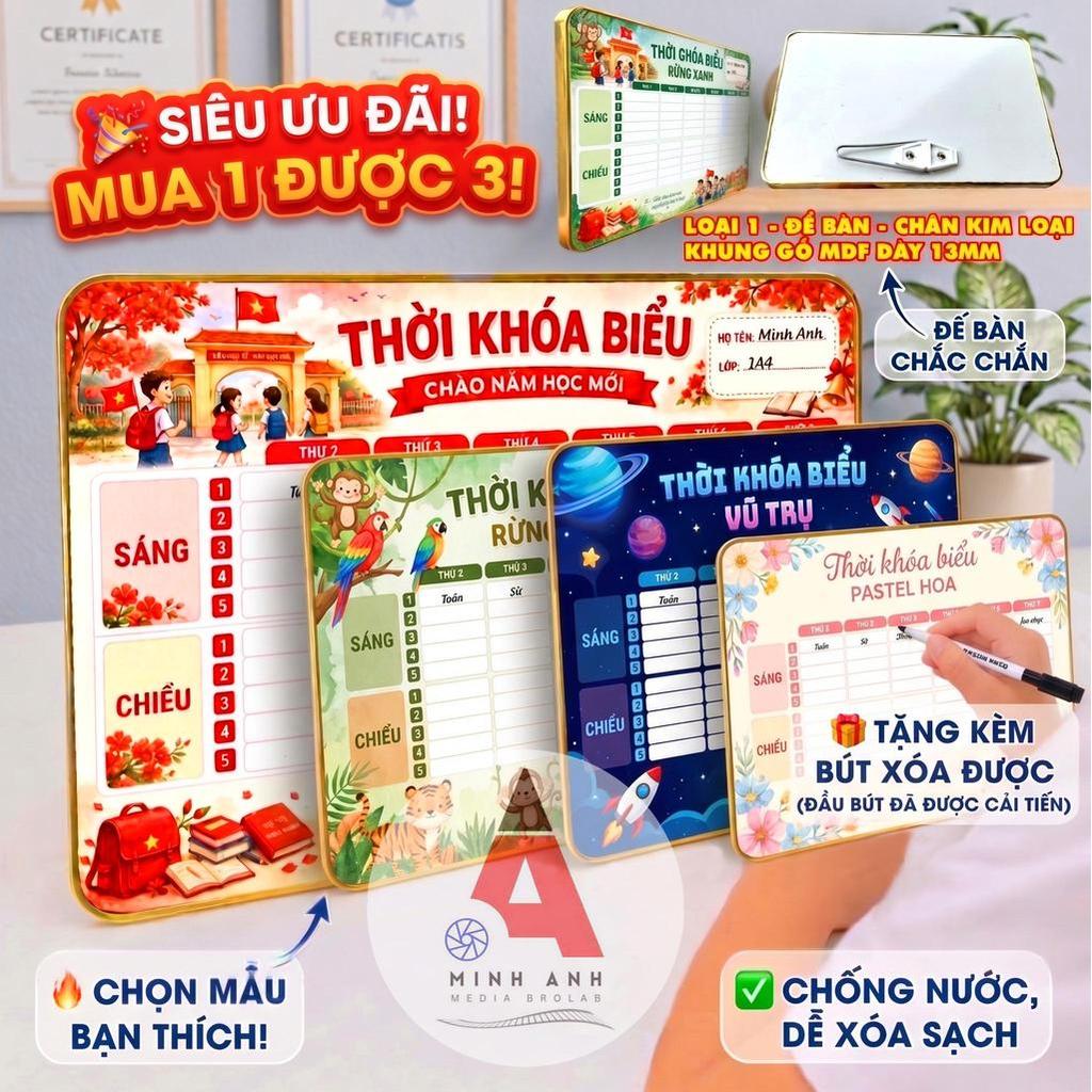 Khung gỗ thời khóa biểu vĩnh cửu l MINH ANH MEDIA - Tặng bút xóa được - Bo viền vàng cao cấp - chân để bàn kim loại