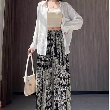 Quần ống rộng dáng rộng thông thường dành cho nữ Quần mỏng hơn Quần dài ống rộng mùa hè Quần Pyjama dáng rộng in hình Retro Home Quần