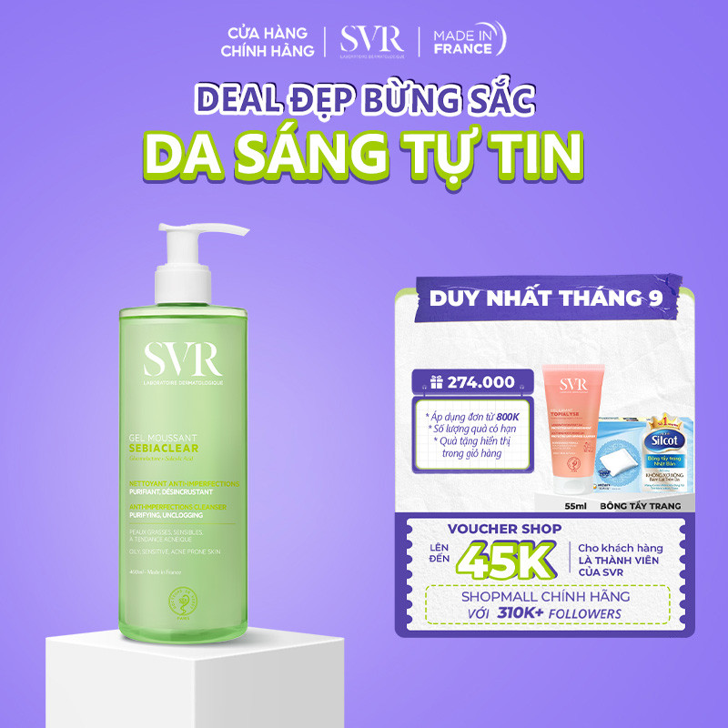 Gel rửa mặt cho da dầu mụn, không chứa xà phòng SVR Sebiaclear Gel Moussant 400ML