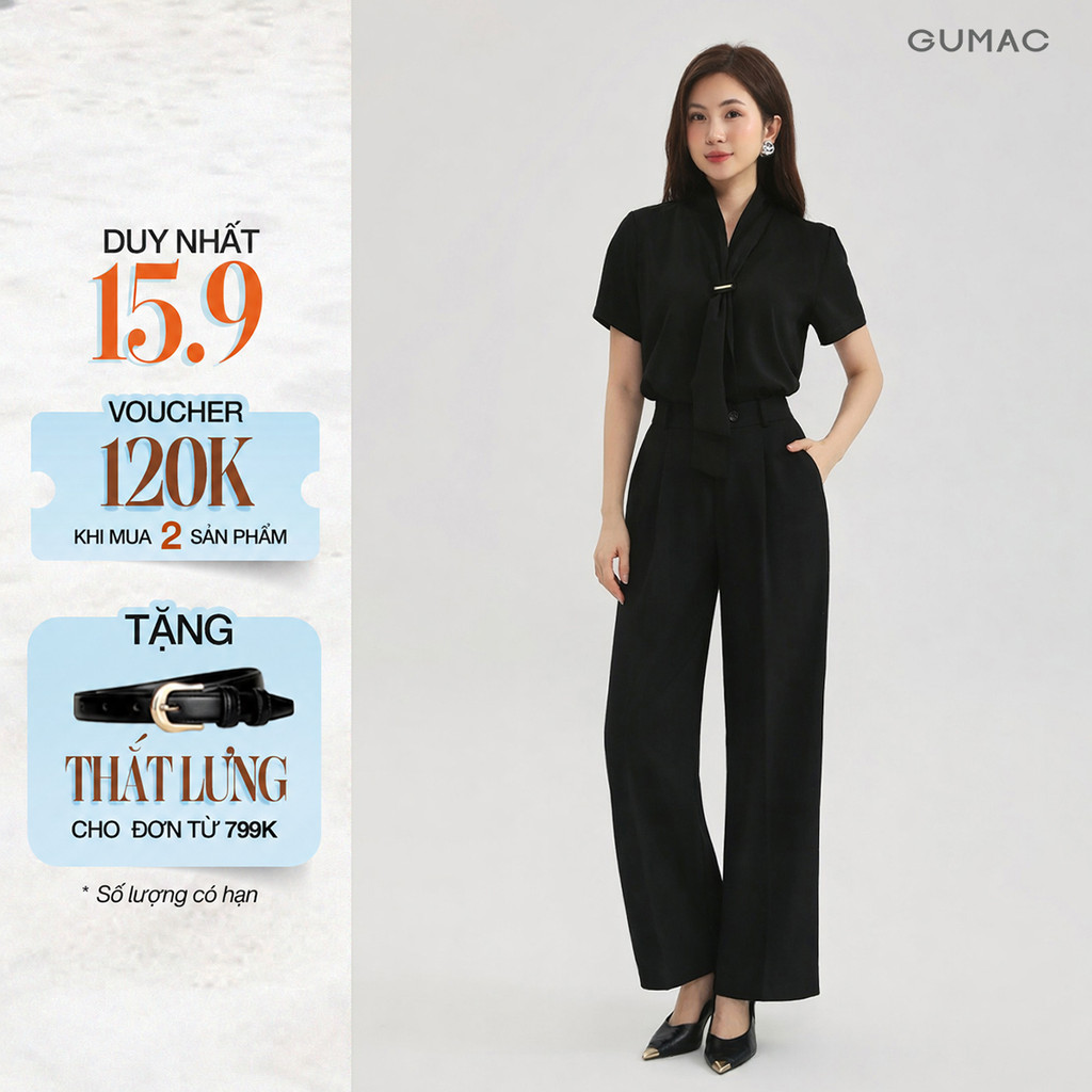 Quần Ống Rộng Nữ 98cm GUMAC Quần Tây Công Sở Lưng Cao Chiết Ly Vải Chéo Thái Cạp Cao Tôn Dáng LQF0906