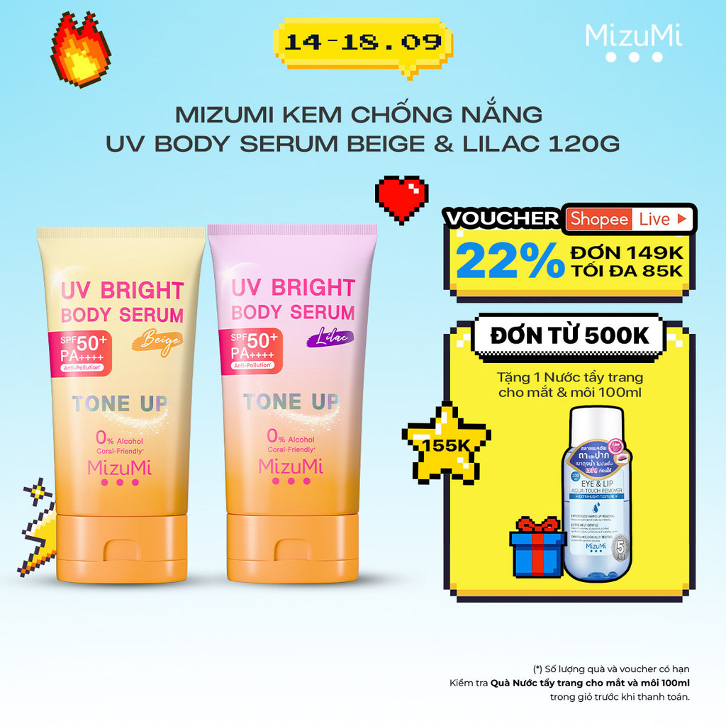 Kem chống nắng nâng tone MizuMi UV Bright Body Serum Tone Up Beige/ Lilac 120 ml