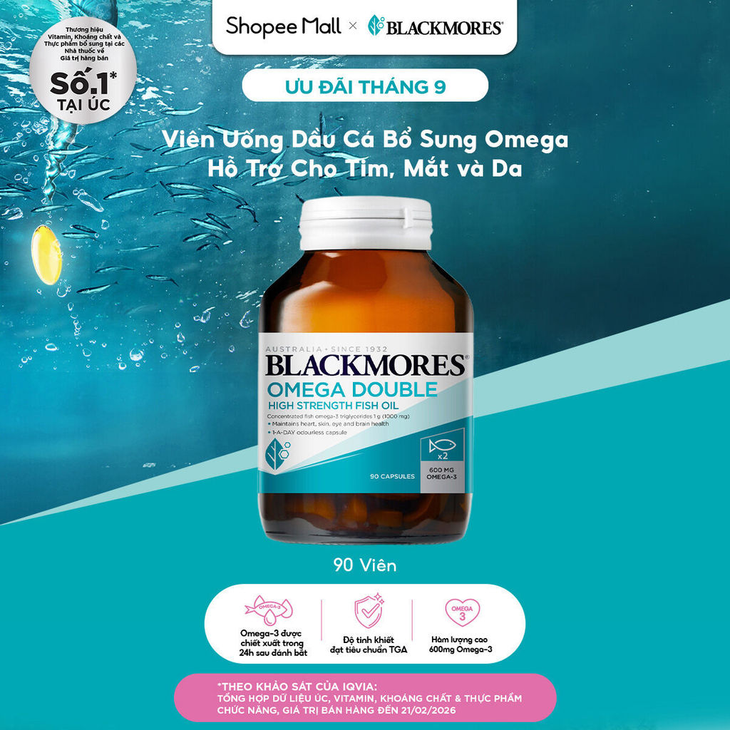 Viên Uống Dầu Cá Bổ Sung Omega Hỗ Trợ Cho Tim, Mắt, Da Blackmores Double Omega High Strength Lọ 90 Viên