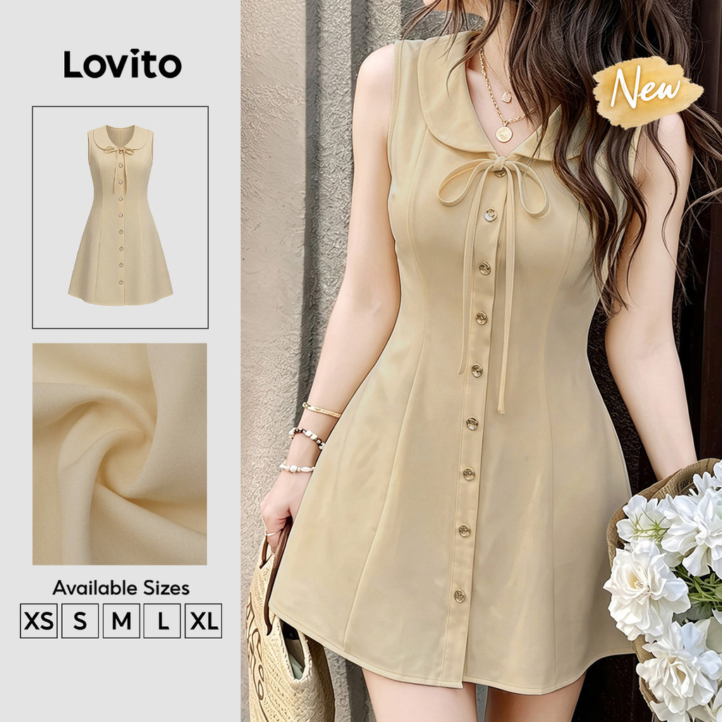 (New Arrival) Lovito Váy Kaki nữ dáng chữ a ngắn cài nút phía trước Phong cách thường ngày và thư giãn mặc cuối tuần mùa xuân hè DRB206TD060
