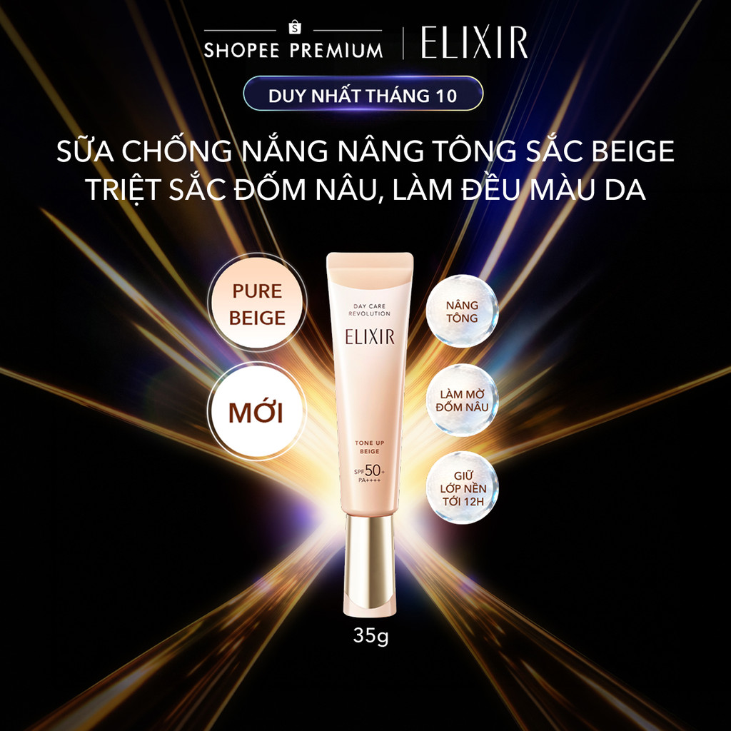 | SẮC BEIGE MỚI | Sữa chống nắng nâng tông chống lão hóa triệt sắc đốm nâu Elixir Day Care Revolution Tone-up Beige 35g