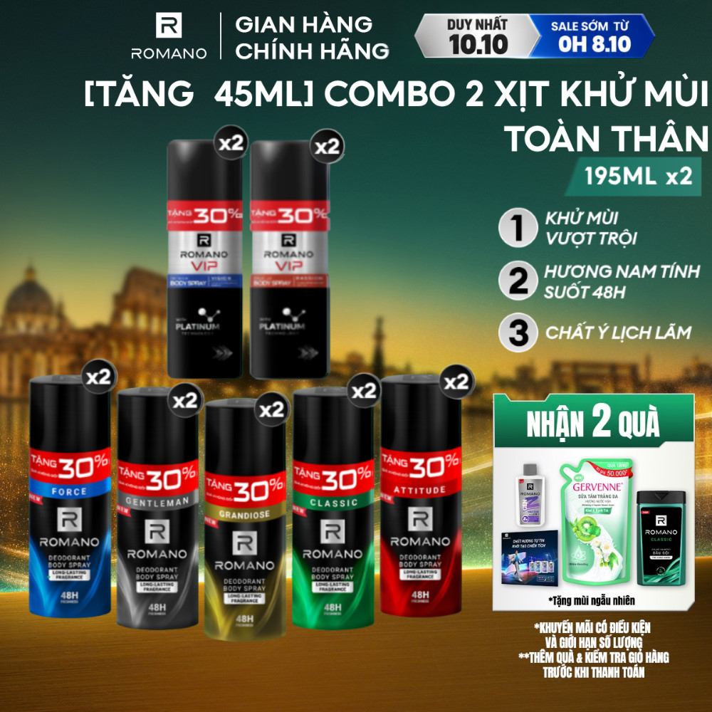 [SVIP] [Tăng 45ml dung tích] Combo 2 Xịt khử mùi cho nam Romano Ngăn mồ hôi và mùi cơ thể 48H 195ml - 150ml/chai