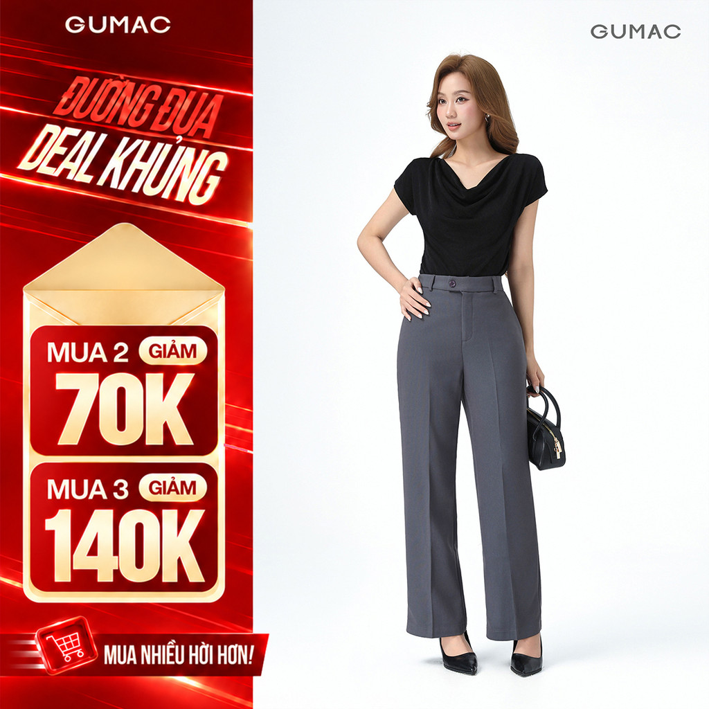 [VOUCHER 70K] Quần Ống Suông Nữ 99cm GUMAC Quần Tây Công Sở Lưng Cao Cài Quai Dê Chất Tuyết Mưa LQE1241