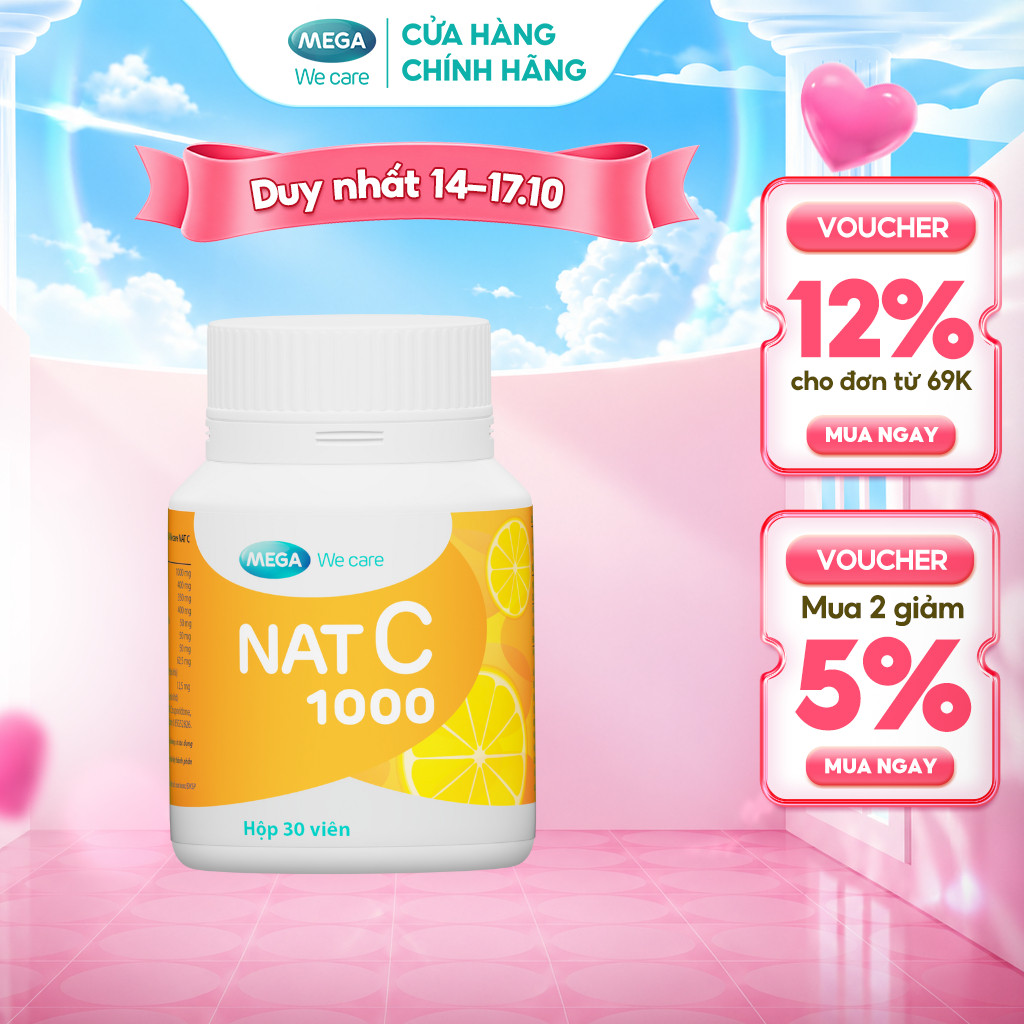 Viên uống Vitamin C Mega We Care Nat C 1000 hỗ trợ tăng đề kháng, giúp giảm nguy cơ cảm lạnh cảm cúm (30 viên) – TPBVSK