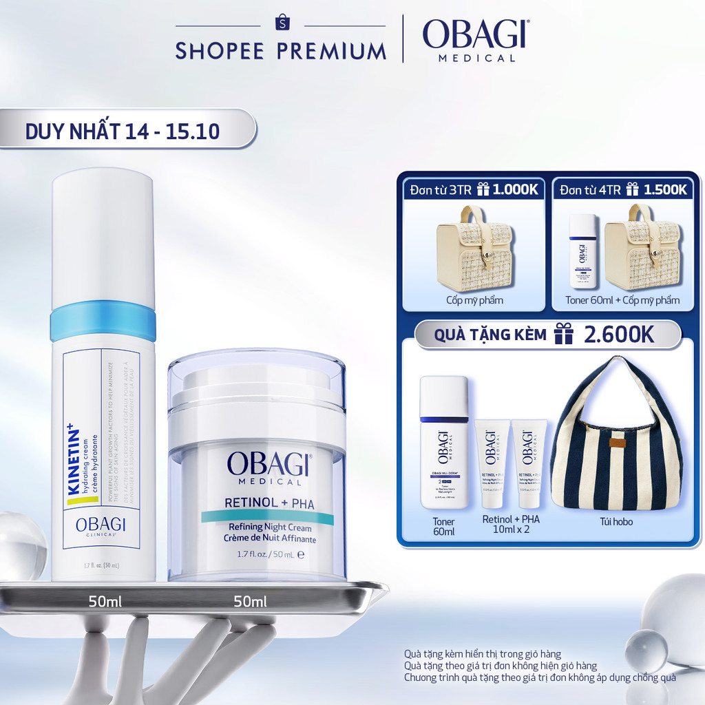 Bộ đôi Kem Dưỡng Đêm Obagi Retinol + PHA 50ml và Kem Dưỡng Dịu Da Kinetin+ Hydrating 50ml