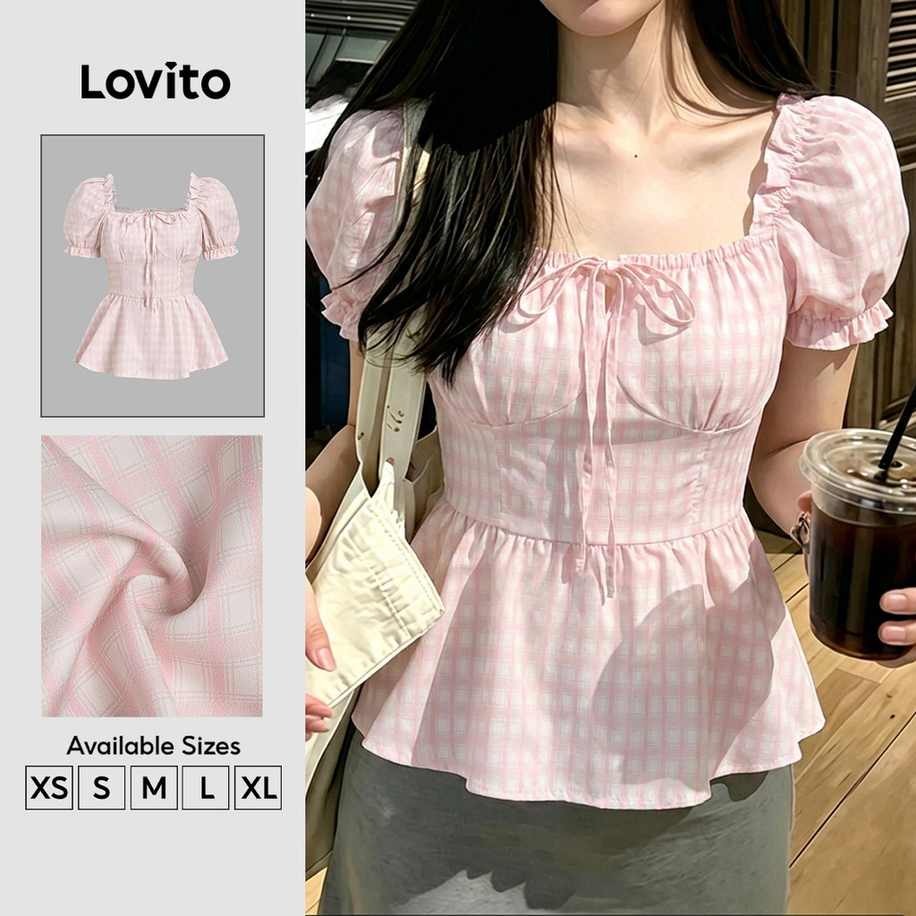 Lovito Áo sơ Mi nữ màu hồng mùa xuân/hè kiểu dáng thường ngày họa tiết buộc dây BLB203TD007